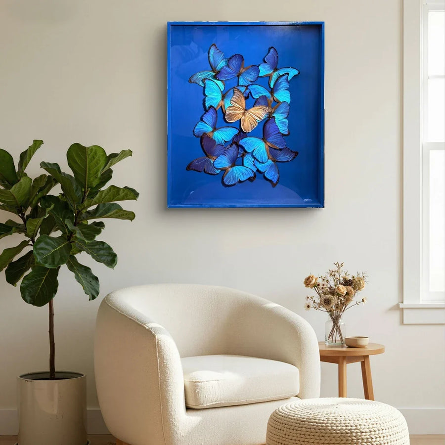 FLORAFLY "Blue Sea Gilt" Real Butterfly decorative art Imported Real Butterfly Sofa Background Wall decorative art Gift
