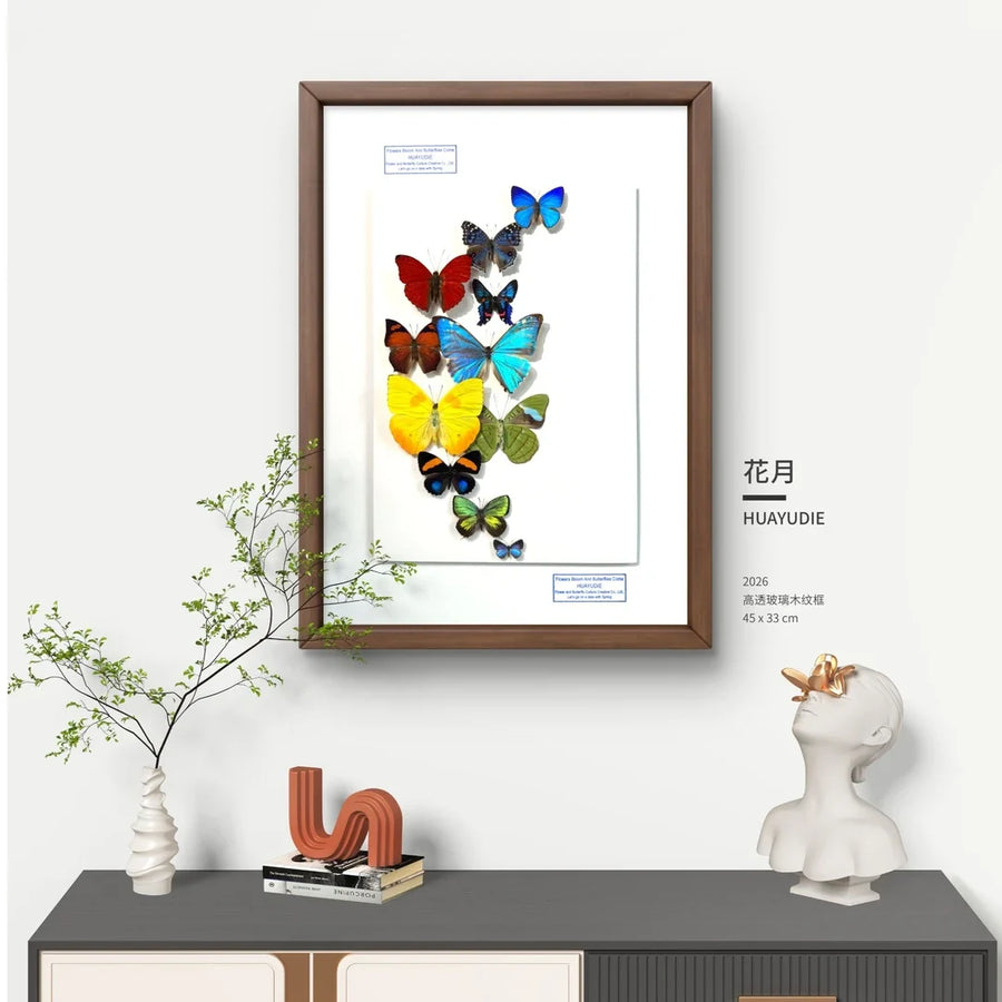 FLORAFLY "Flower Moon" Nordic style butterfly wall art vertical wood frame real butterfly specimen frame decorative art specimen gift